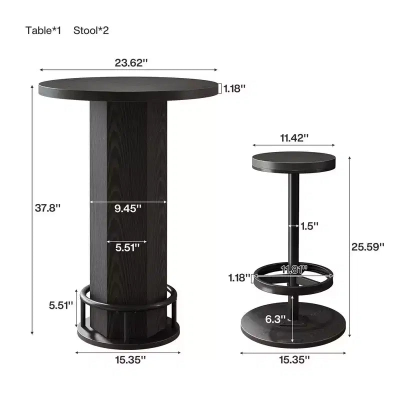 MAYEERTY 23.62 Round Modern Farmhouse Bistro Table Set with 2 Stools, Rustic MDF Top & Metal Pedestal Base, 37.8 Bar Height Table with Footrest