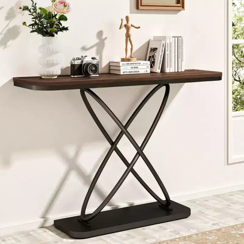 Bekrvio 47.4 Farmhouse Console Table - Rustic Entryway Table with Black Metal Frame | Narrow Sofa Table for Living Room, Hallway, Foyer