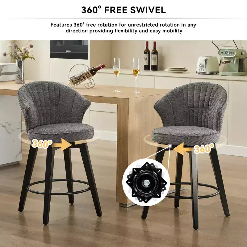 Zeus & Ruta Set of 2 Wingback 25 Swivel Bar Stools with Chenille Upholstery, Wood Legs and Adjustable Height