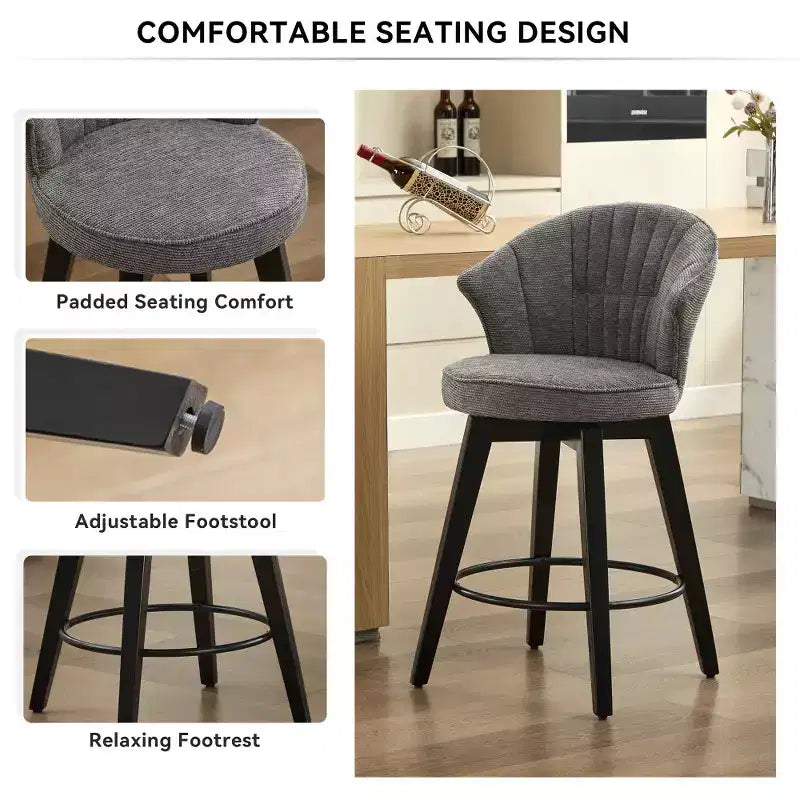 Zeus & Ruta Set of 2 Wingback 25 Swivel Bar Stools with Chenille Upholstery, Wood Legs and Adjustable Height