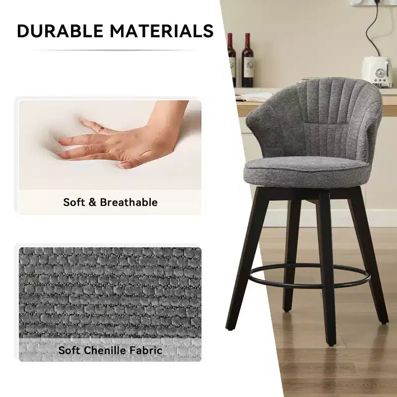 Zeus & Ruta Set of 2 Wingback 25 Swivel Bar Stools with Chenille Upholstery, Wood Legs and Adjustable Height