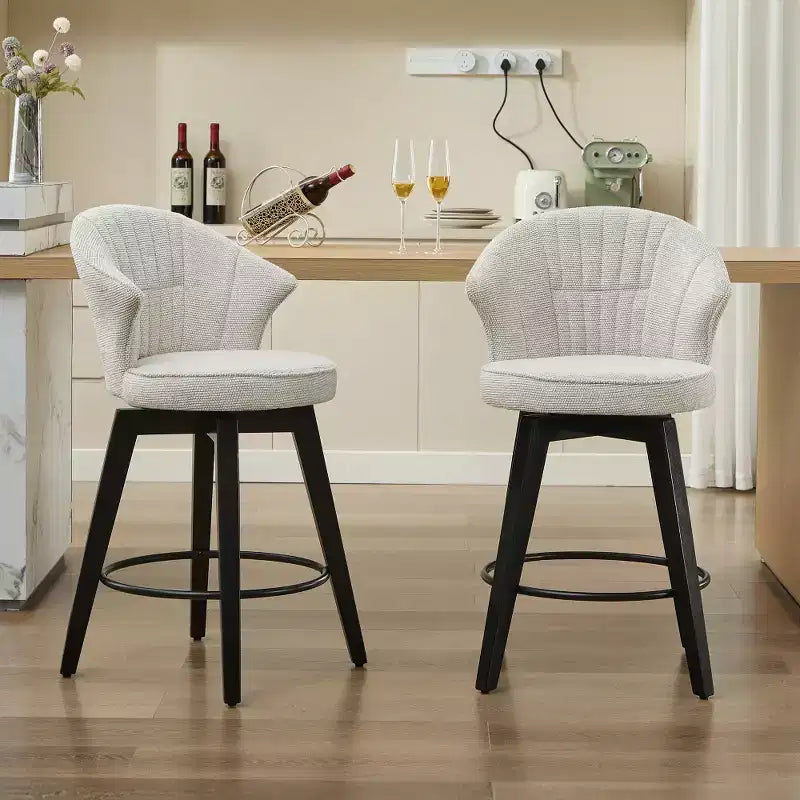 Zeus & Ruta Set of 2 Wingback 25 Swivel Bar Stools with Chenille Upholstery, Wood Legs and Adjustable Height