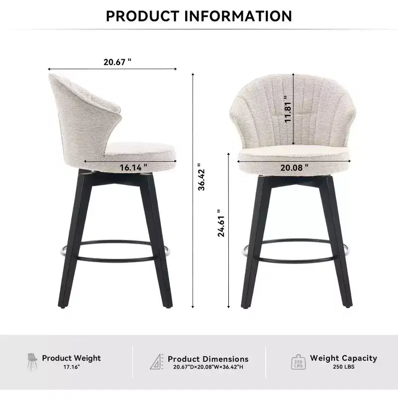 Zeus & Ruta Set of 2 Wingback 25 Swivel Bar Stools with Chenille Upholstery, Wood Legs and Adjustable Height