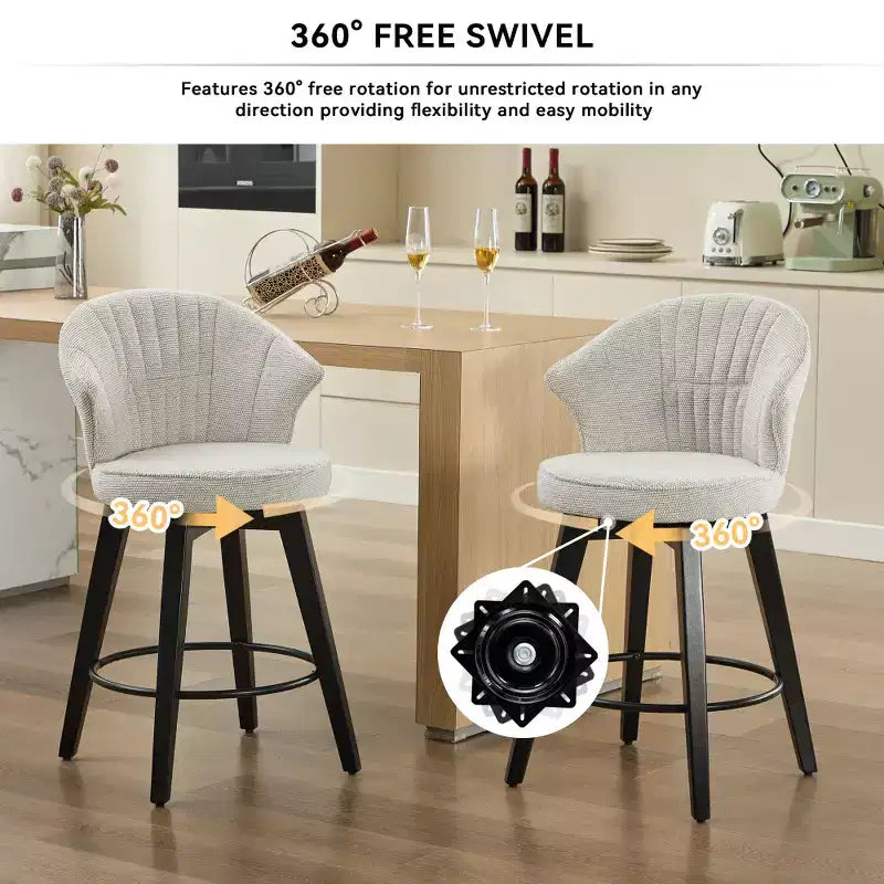 Zeus & Ruta Set of 2 Wingback 25 Swivel Bar Stools with Chenille Upholstery, Wood Legs and Adjustable Height