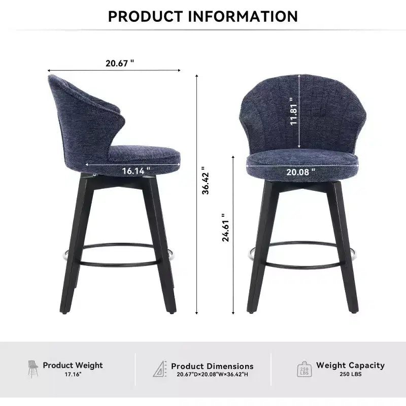 Zeus & Ruta Set of 2 Wingback 25 Swivel Bar Stools with Chenille Upholstery, Wood Legs and Adjustable Height