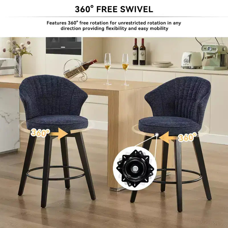 Zeus & Ruta Set of 2 Wingback 25 Swivel Bar Stools with Chenille Upholstery, Wood Legs and Adjustable Height