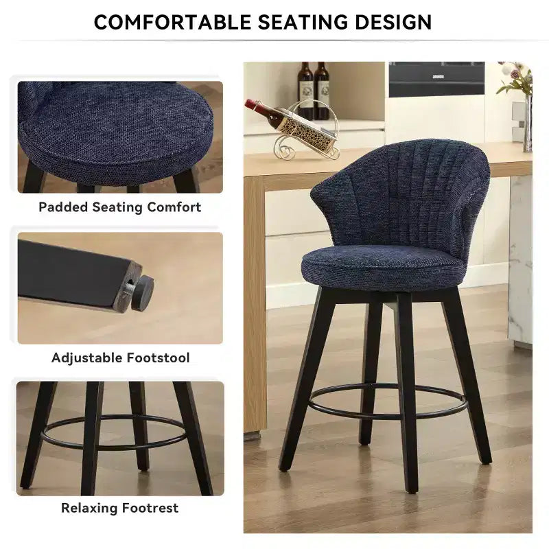 Zeus & Ruta Set of 2 Wingback 25 Swivel Bar Stools with Chenille Upholstery, Wood Legs and Adjustable Height