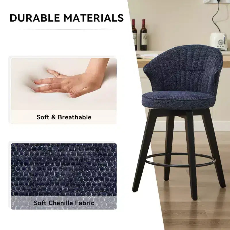 Zeus & Ruta Set of 2 Wingback 25 Swivel Bar Stools with Chenille Upholstery, Wood Legs and Adjustable Height