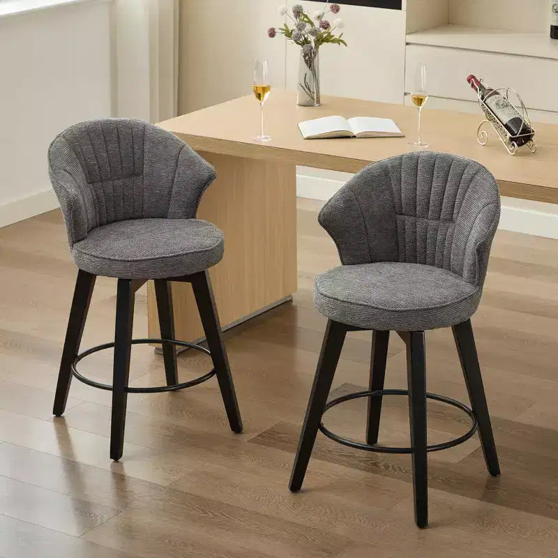 Zeus & Ruta Set of 2 Wingback 25 Swivel Bar Stools with Chenille Upholstery, Wood Legs and Adjustable Height
