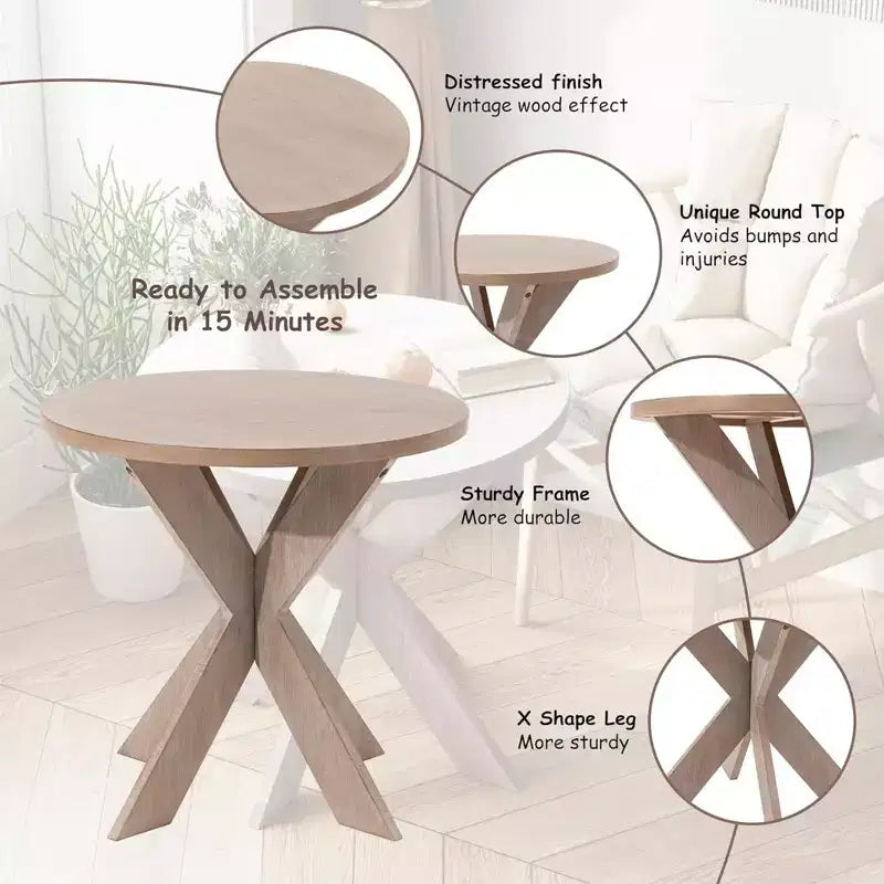 COZAYH Farmhouse Round Wooden End Table with Cross Legs, Vintage Grey Finish