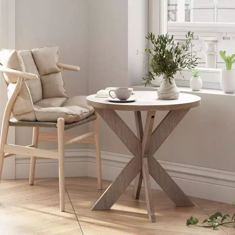 COZAYH Farmhouse Round Wooden End Table with Cross Legs, Vintage Grey Finish
