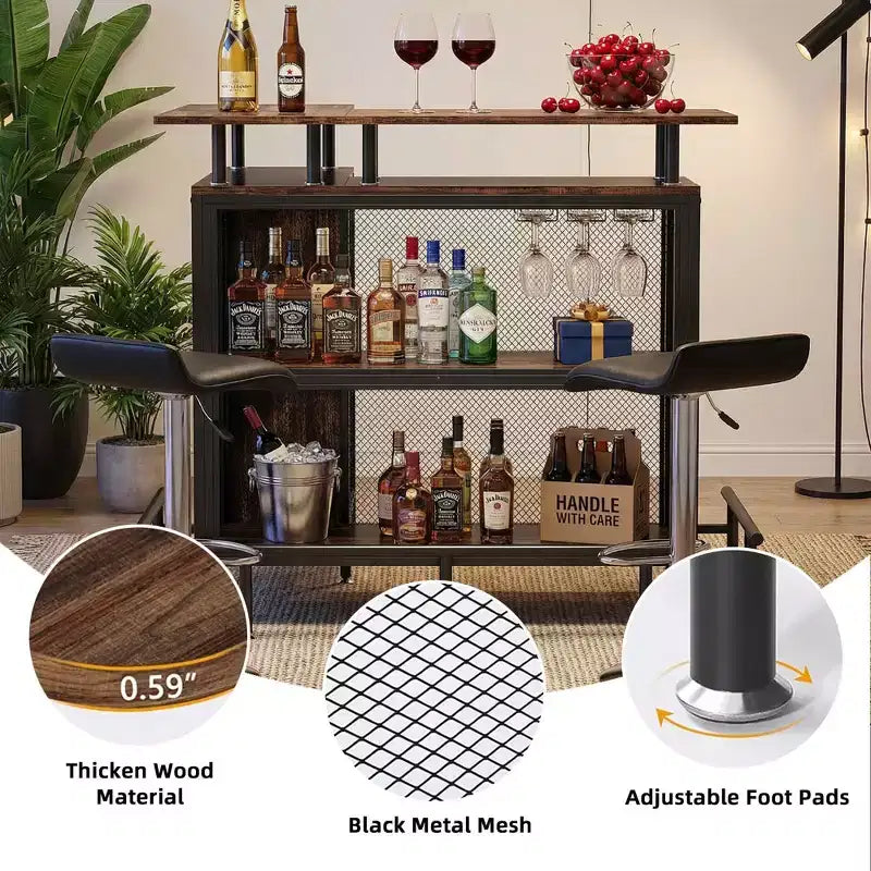 MAYEERTY L-Shape Corner Home Bar Cabinet, Metal & E1 MDF Liquor Storage with 12 Wine Glass Racks & Footrest, Metal Mesh Bottle Guard