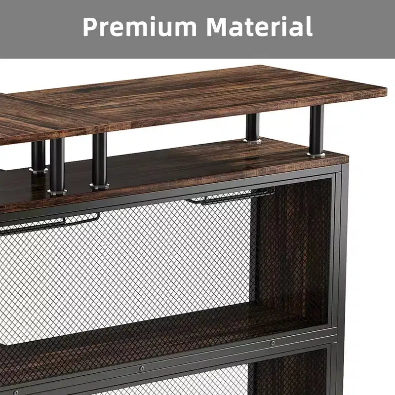 MAYEERTY L-Shape Corner Home Bar Cabinet, Metal & E1 MDF Liquor Storage with 12 Wine Glass Racks & Footrest, Metal Mesh Bottle Guard