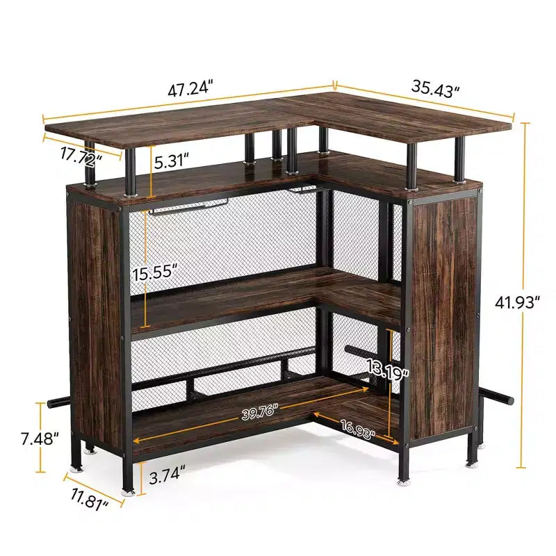 MAYEERTY L-Shape Corner Home Bar Cabinet, Metal & E1 MDF Liquor Storage with 12 Wine Glass Racks & Footrest, Metal Mesh Bottle Guard