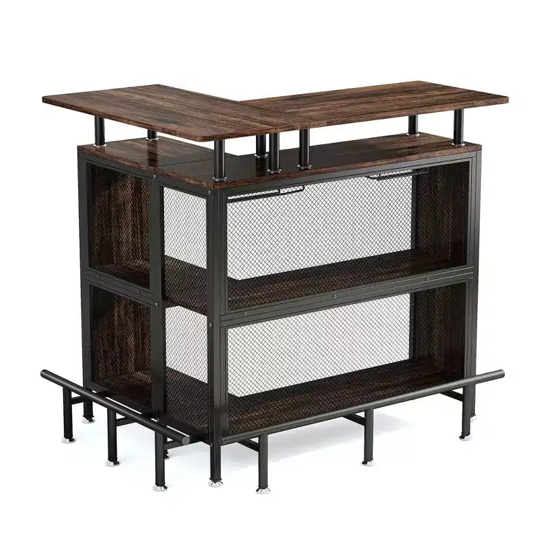 MAYEERTY L-Shape Corner Home Bar Cabinet, Metal & E1 MDF Liquor Storage with 12 Wine Glass Racks & Footrest, Metal Mesh Bottle Guard