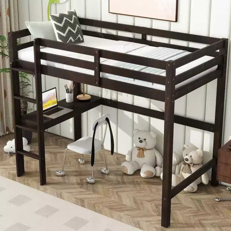 MATEERTY Twin Loft Wood Bed with Bulit in Desk Safety Guardrails Ladder Brown