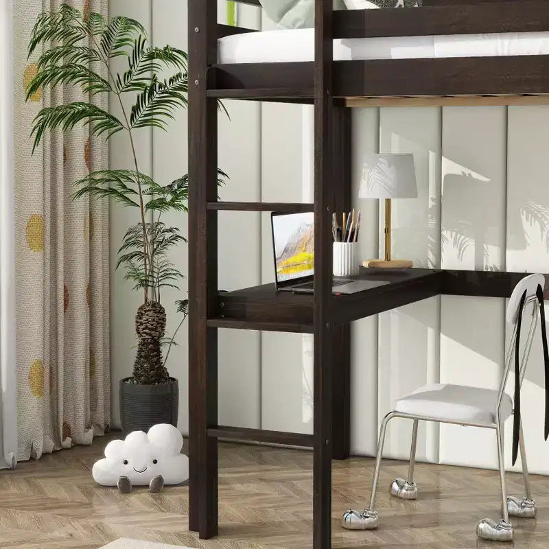 MATEERTY Twin Loft Wood Bed with Bulit in Desk Safety Guardrails Ladder Brown