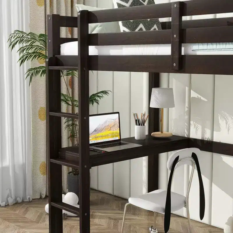 MATEERTY Twin Loft Wood Bed with Bulit in Desk Safety Guardrails Ladder Brown