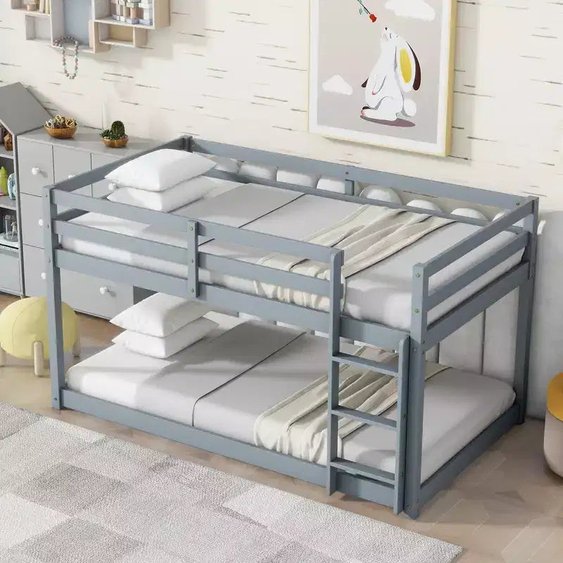 MATEERTY in Legno Massello, Letto a Castello Gemello con Scala, Piattaforme Letto Superiore e Inferiore Realizzate con Doghe Rinforzate Grigio