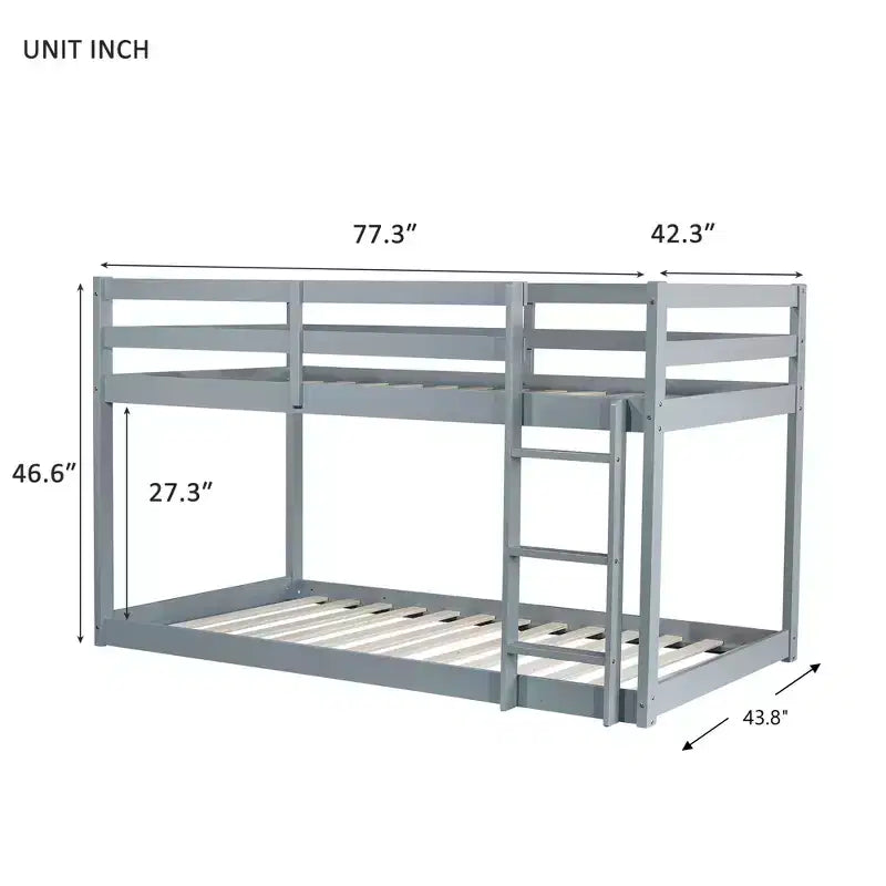 MATEERTY Solid Wooden, Twin Floor Bunk Bed wit Ladder, Upper and Bottom Bed Platforms Crafted with Stregthened Slats Gray