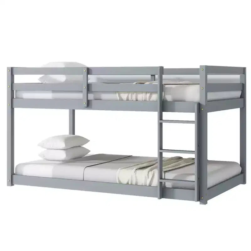 MATEERTY Solid Wooden, Twin Floor Bunk Bed wit Ladder, Upper and Bottom Bed Platforms Crafted with Stregthened Slats Gray