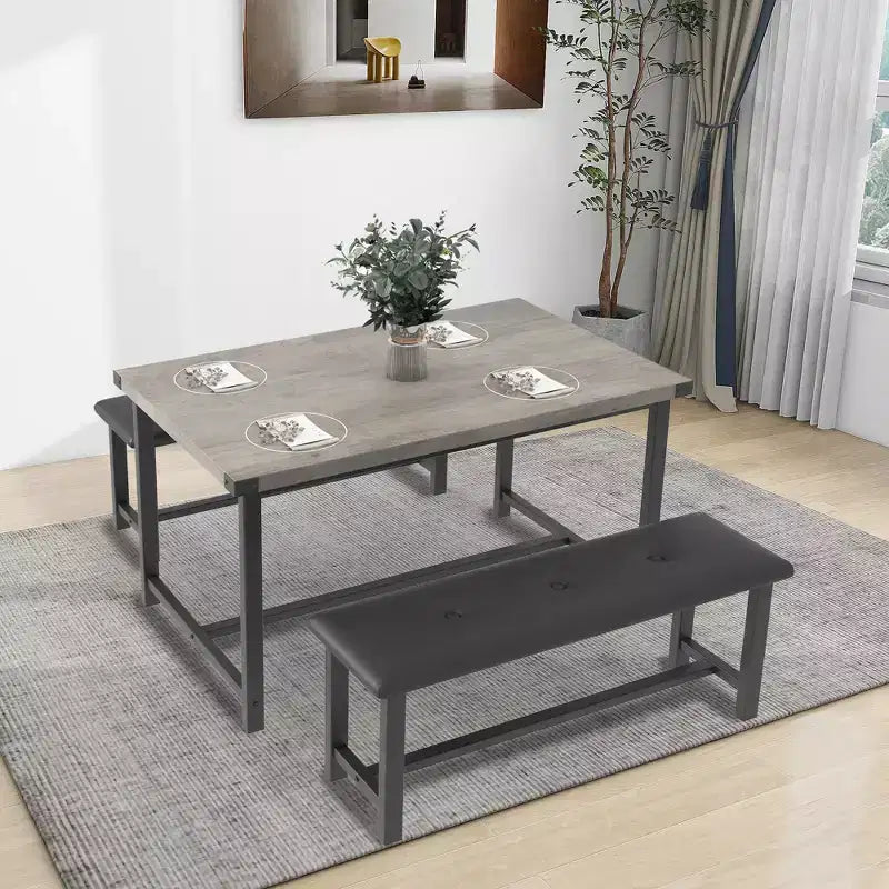 3 Piece Dining Room Table Set, with 2 Upholstered Benches