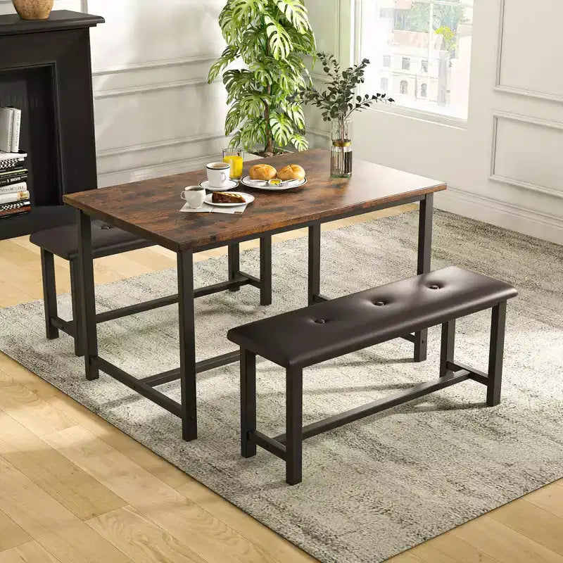 3 Piece Dining Room Table Set, with 2 Upholstered Benches