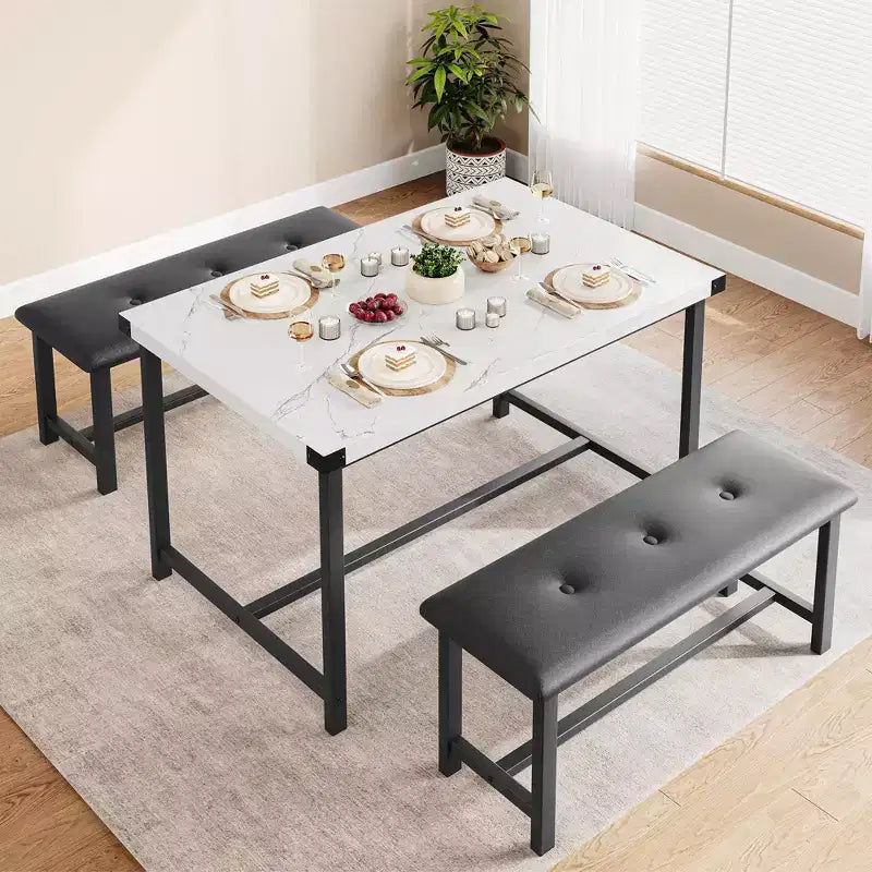 3 Piece Dining Room Table Set, with 2 Upholstered Benches
