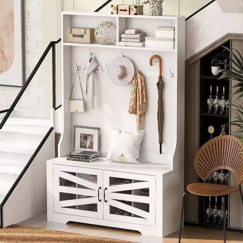 CLIHOME 43.3 Entryway Bench with Coat Rack, 3-in-1 Design Hall Tree with 7 Hooks and Adjustable Shelves