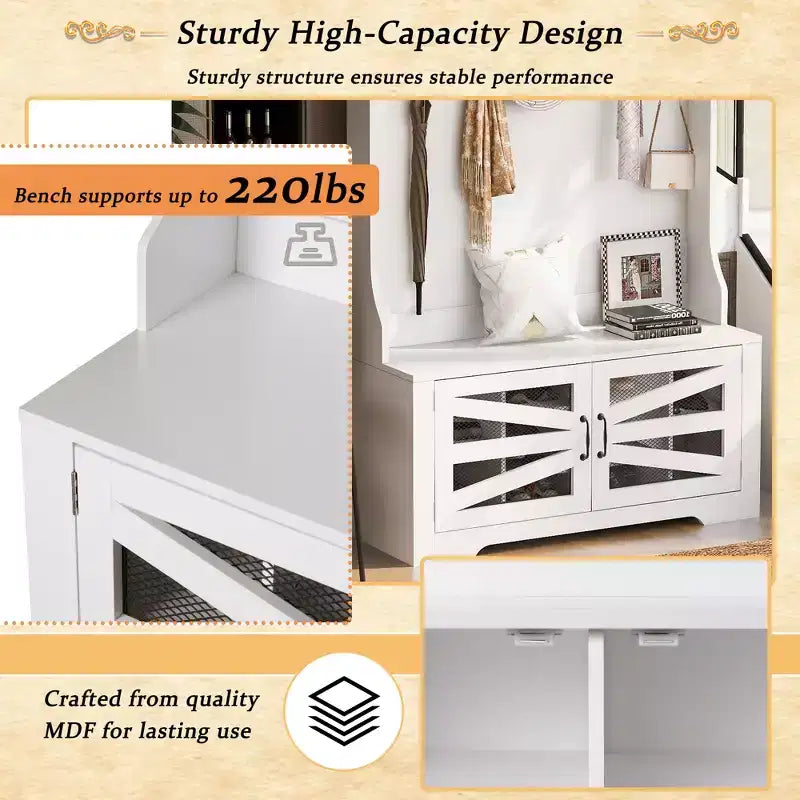 CLIHOME 43.3 Entryway Bench with Coat Rack, 3-in-1 Design Hall Tree with 7 Hooks and Adjustable Shelves