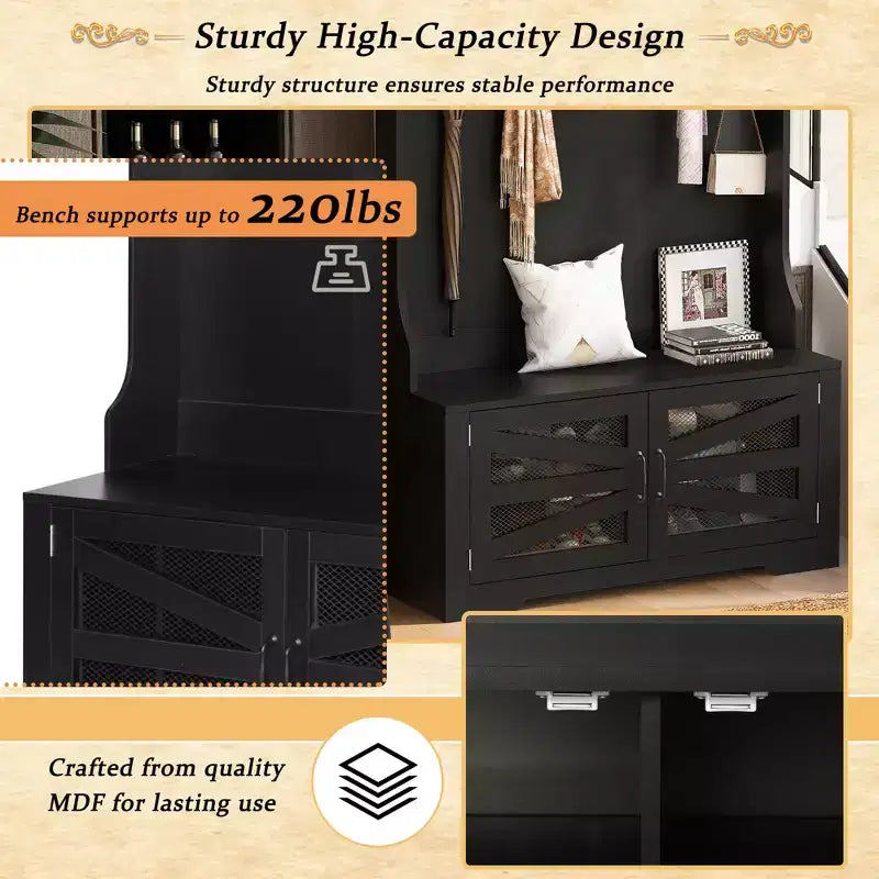 CLIHOME 43.3 Entryway Bench with Coat Rack, 3-in-1 Design Hall Tree with 7 Hooks and Adjustable Shelves