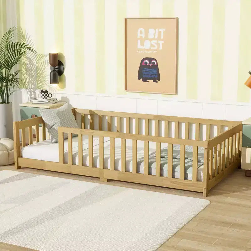 MAYEERTY Twin Floor Bed with Fence without Door, Rubber Wood Floor Guardrails Beige