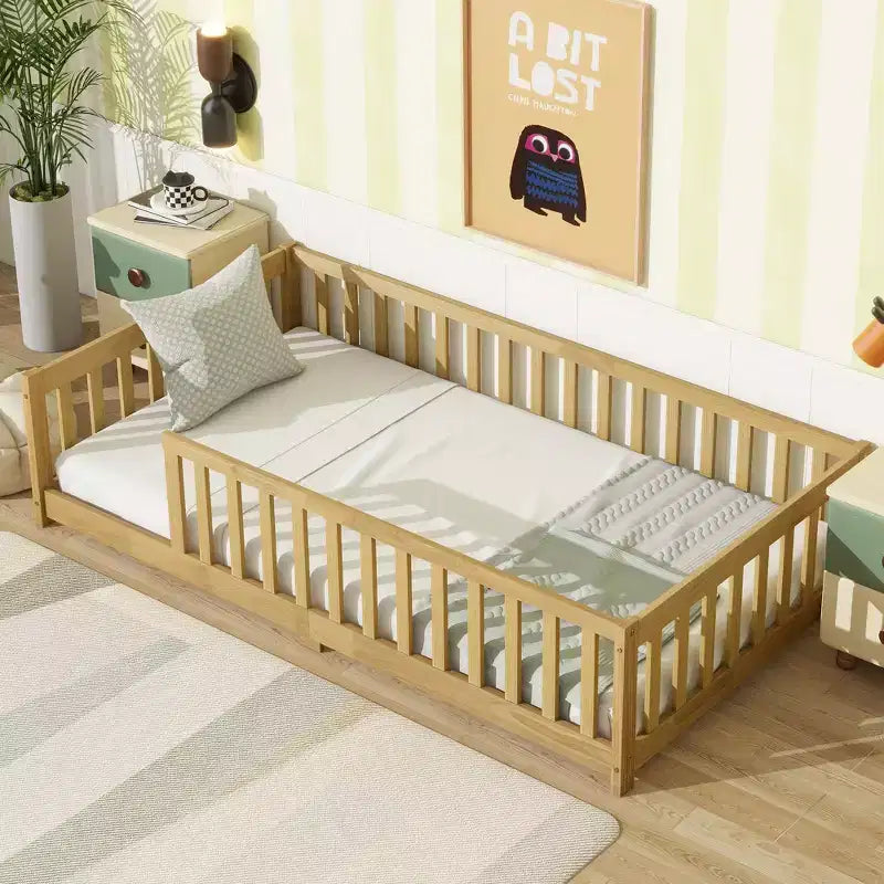 MAYEERTY Twin Floor Bed with Fence without Door, Rubber Wood Floor Guardrails Beige