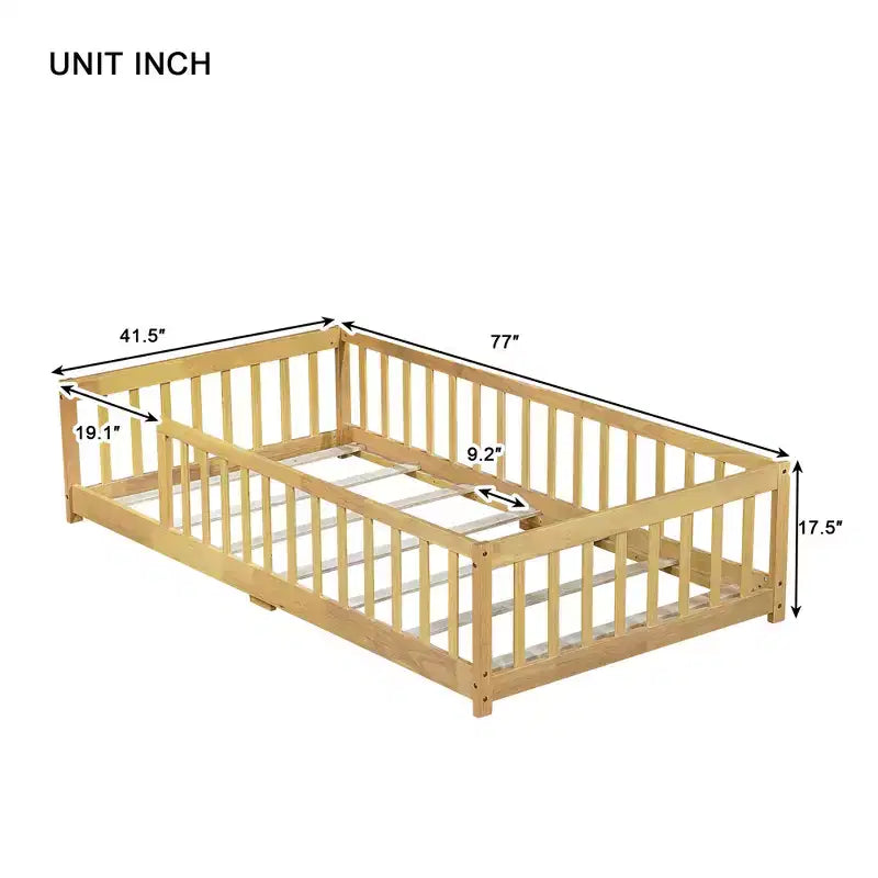 MAYEERTY Twin Floor Bed with Fence without Door, Rubber Wood Floor Guardrails Beige