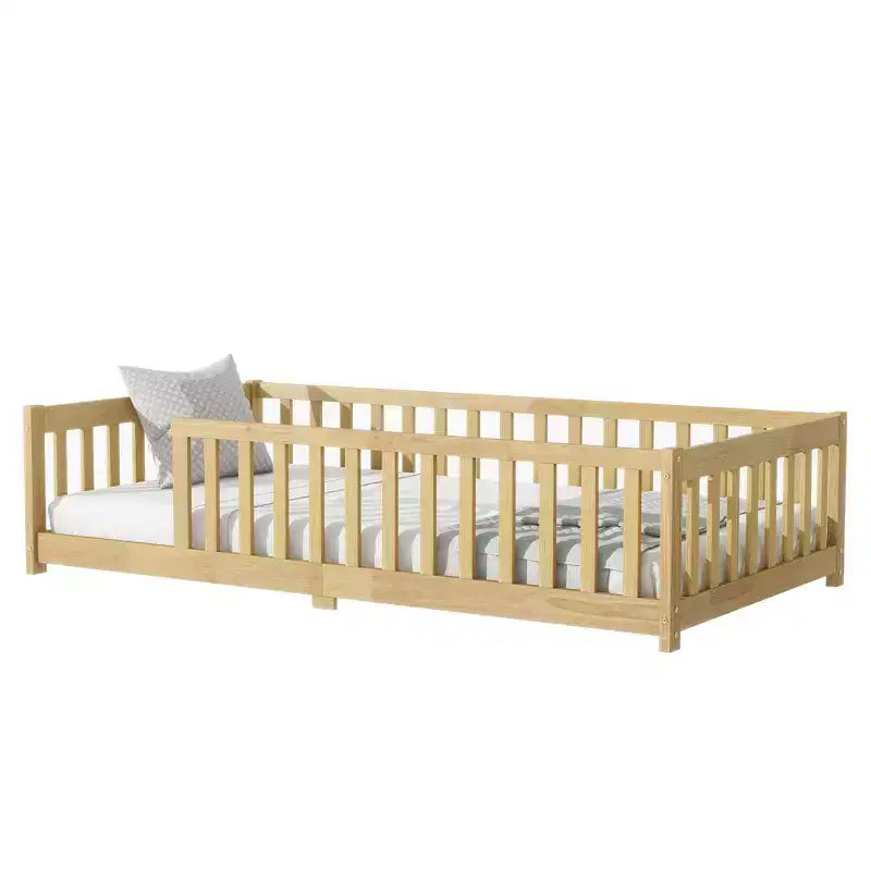 MAYEERTY Twin Floor Bed with Fence without Door, Rubber Wood Floor Guardrails Beige