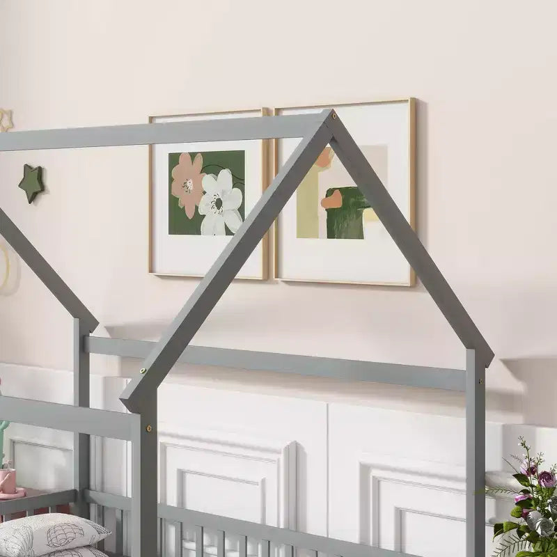 MAYEERTY Full House Floor Wooden Bed with Floor Frames, Safety Guardrails Gray