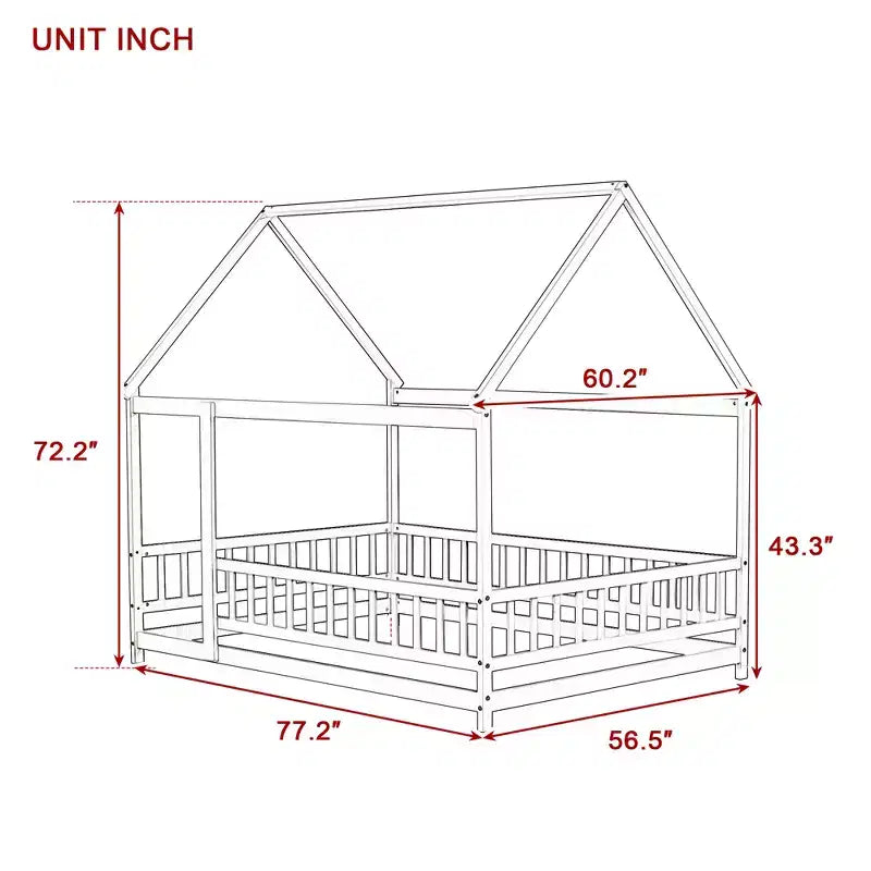 MAYEERTY Full House Floor Wooden Bed with Floor Frames, Safety Guardrails Gray