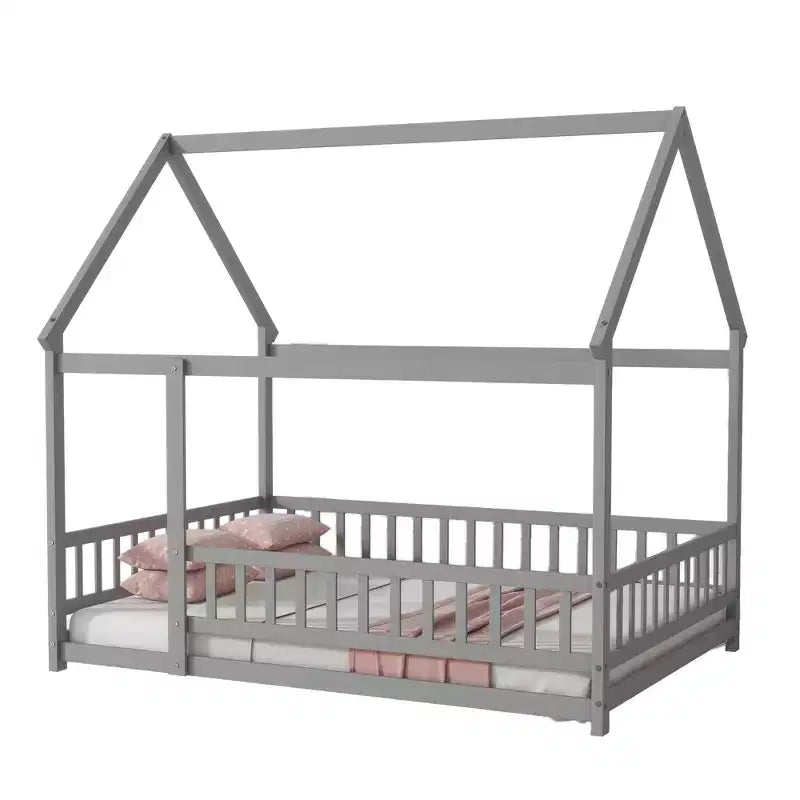 MAYEERTY Full House Floor Wooden Bed with Floor Frames, Safety Guardrails Gray