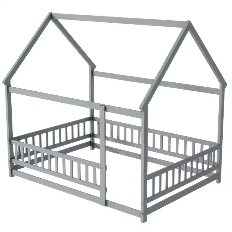 MAYEERTY Full House Floor Wooden Bed with Floor Frames, Safety Guardrails Gray