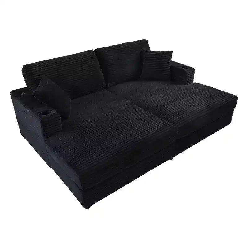 86.5 Oversized Loveseat Chaise Lounge Sectional Sofa Bed Corduroy Sleeper Sofa with Two USB Ports