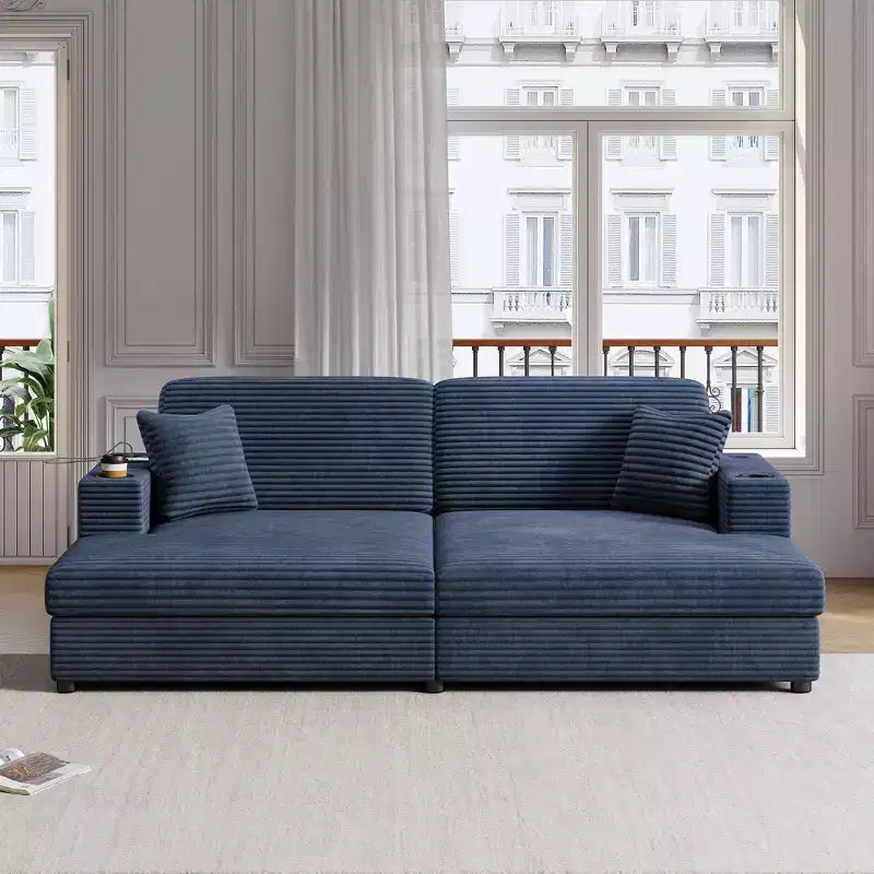 86.5 Oversized Loveseat Chaise Lounge Sectional Sofa Bed Corduroy Sleeper Sofa with Two USB Ports