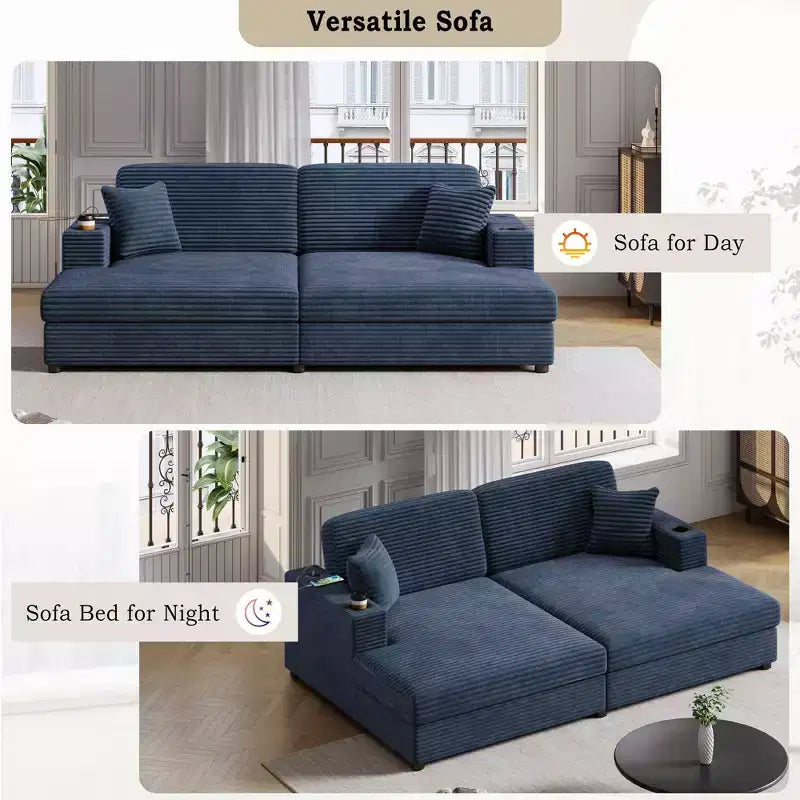 86.5 Oversized Loveseat Chaise Lounge Sectional Sofa Bed Corduroy Sleeper Sofa with Two USB Ports