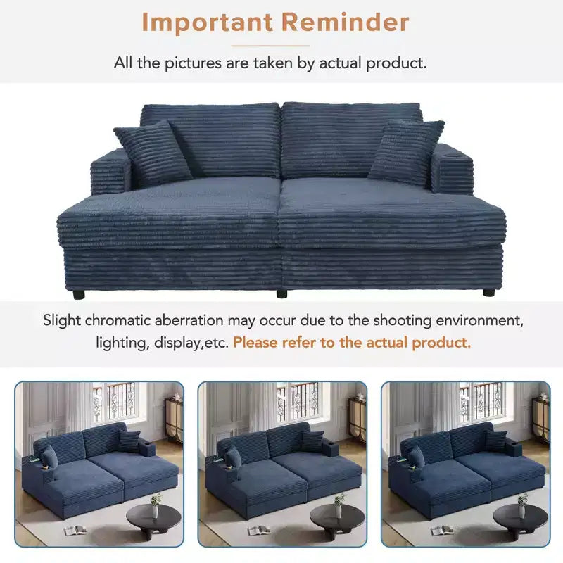 86.5 Oversized Loveseat Chaise Lounge Sectional Sofa Bed Corduroy Sleeper Sofa with Two USB Ports