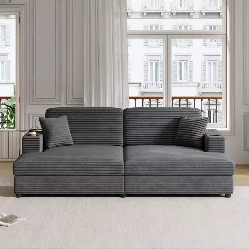 86.5 Oversized Loveseat Chaise Lounge Sectional Sofa Bed Corduroy Sleeper Sofa with Two USB Ports