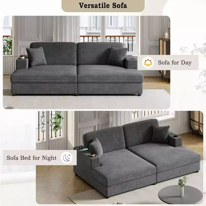 86.5 Oversized Loveseat Chaise Lounge Sectional Sofa Bed Corduroy Sleeper Sofa with Two USB Ports