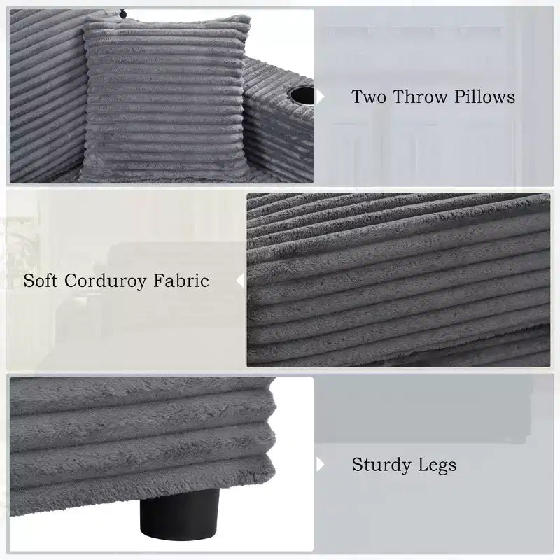 86.5 Oversized Loveseat Chaise Lounge Sectional Sofa Bed Corduroy Sleeper Sofa with Two USB Ports