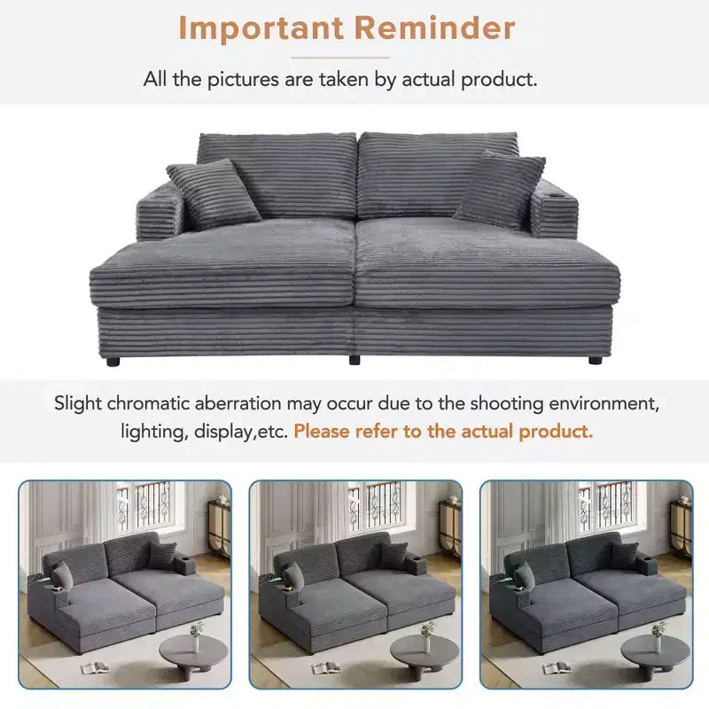 86.5 Oversized Loveseat Chaise Lounge Sectional Sofa Bed Corduroy Sleeper Sofa with Two USB Ports