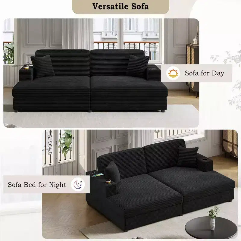 86.5 Oversized Loveseat Chaise Lounge Sectional Sofa Bed Corduroy Sleeper Sofa with Two USB Ports