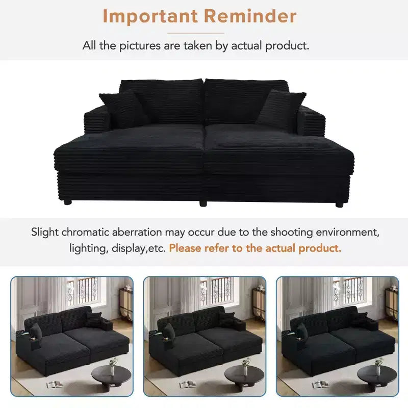 86.5 Oversized Loveseat Chaise Lounge Sectional Sofa Bed Corduroy Sleeper Sofa with Two USB Ports