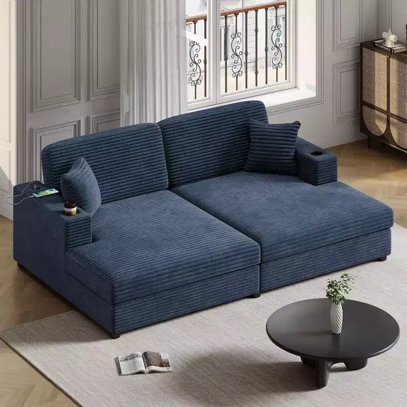 86.5 Oversized Loveseat Chaise Lounge Sectional Sofa Bed Corduroy Sleeper Sofa with Two USB Ports